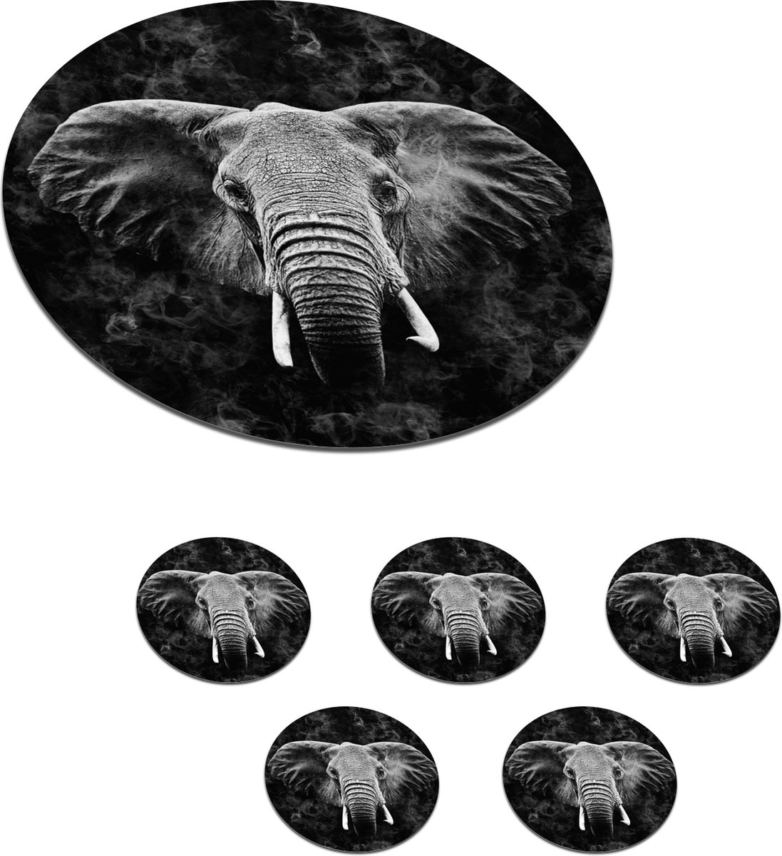 Onderzetters voor glazen - Rond - Olifant - Dieren - Rook - Zwart - Wit - 10x10 cm - Glasonderzetters - 6 stuks