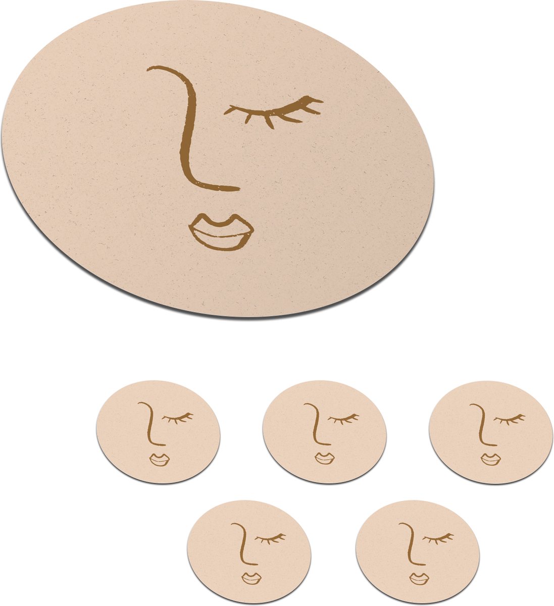 Onderzetters voor glazen - Rond - Gezicht - Pastel - Design - 10x10 cm - Glasonderzetters - 6 stuks