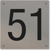 Huisnummerbord - huisnummer 51 - voordeur - 12 x 12 cm - rvs look - schroeven - naambordje nummerbord