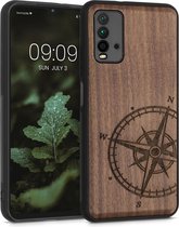 kwmobile telefoonhoesje compatibel met Xiaomi Redmi 9T - Hoesje met bumper in donkerbruin - walnoothout - Vintage Kompas design