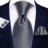 Zijde stropdasset- Zilvergraad- Manchetknopen- pochet-7cm -Luxe- Charme Bijoux