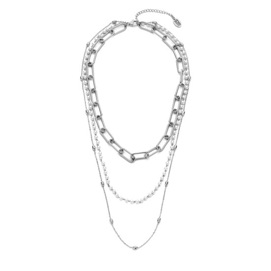 Zilverkleurige ketting met 3 strengen: grote schakels, parels en bolletjes.