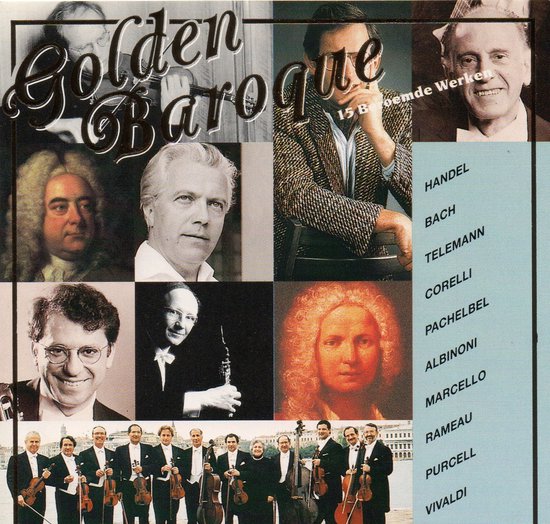 Collage van portretten van barokcomponisten en een orkest, titel "Golden Baroque - 15 beroemde werken".