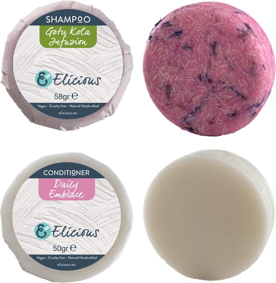 Elicious® - Set Shampoo + Conditioner - Beschadigd Haar - Shampoo Bar - Conditioner Bar - Natuurlijke Shampoo - Natuurlijke Conditioner - Haarconditioner - SLS vrij - Plasticvrij - Vegan - Dierproefvrij