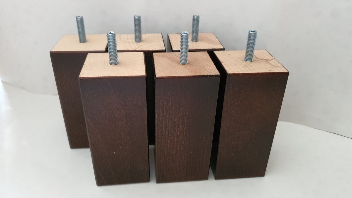 Set van 6 houten meubelpoten Wengé (donker bruin) 12 cm hoogte 5x5 cm met M8 draadeinde Boxspring bedden banken