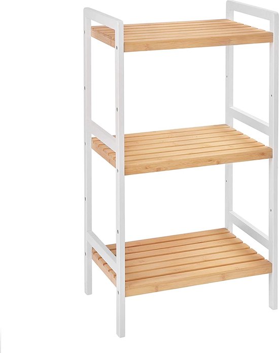 Bamboerek, keukenrek, badkamerrek, boekenkast, staand rek met 3 legplanken, 45 x 31,5 x 8 en, woonkamer, slaapkamer, balkon, natuurkleuren-wit BCB73Y