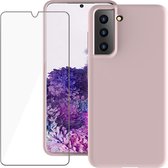Samsung Galaxy S21 FE Hoesje Soft Silky Skin Case Anti Shock Siliconen Back Cover Hoes Roze - Screenprotector Beschermglas Gehard Glas Tempered Glass Screen Protector