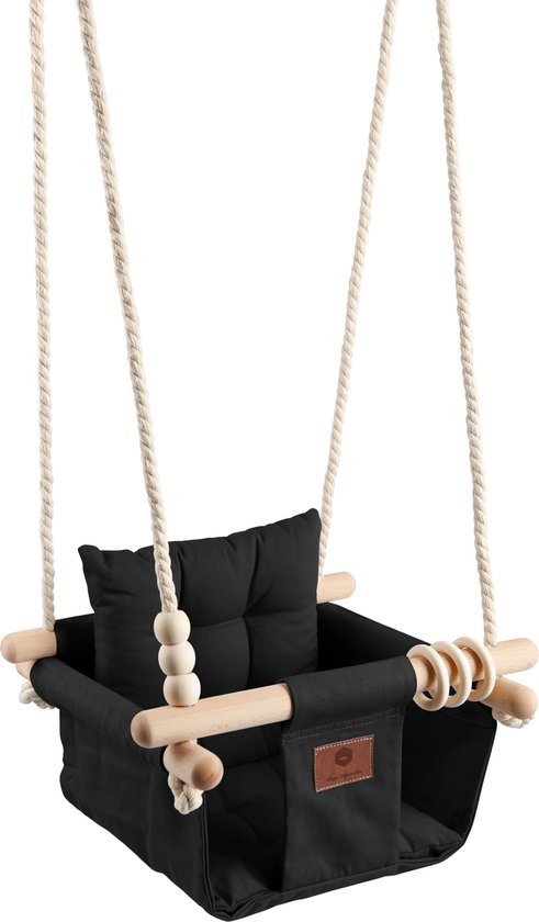 Luxe Baby / Kinder Schommel voor binnen of buiten! - Baby Swing Zwart - Schommelstoel inclusief Zachte Kussens, Veiligheidsriem en Bevestigingsmaterialen - Gemonteerd Verzonden! BEKEND VAN TV!