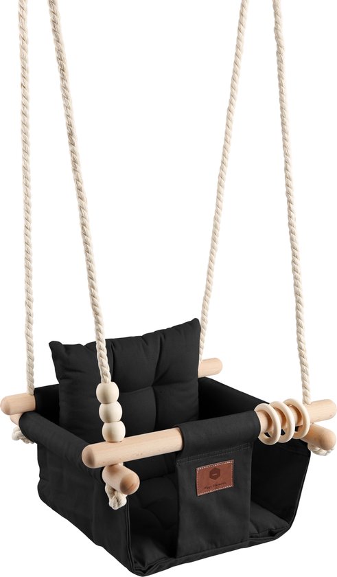 Luxe Baby / Kinder Schommel voor binnen of buiten! - Baby Swing Zwart - Schommelstoel inclusief Zachte Kussens, Veiligheidsriem en Bevestigingsmaterialen - Gemonteerd Verzonden!