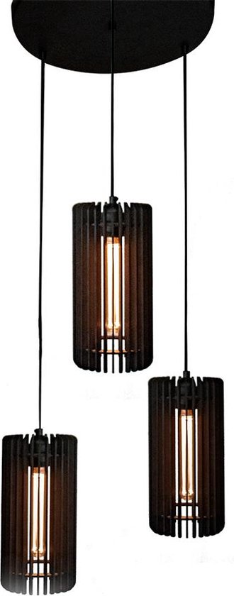 Meuq Design Tubo trio - Hanglamp - zwart  - Hout - Woonkamer - eetkamer - Slaapkamer - 3 lichtpunten - Design hanglamp