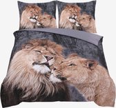 Dekbedovertrek Lion love -Eenpersoons-140x200/220+1 kussensloop 60 x 70 cm- Leeuwen - Beige/Grijs