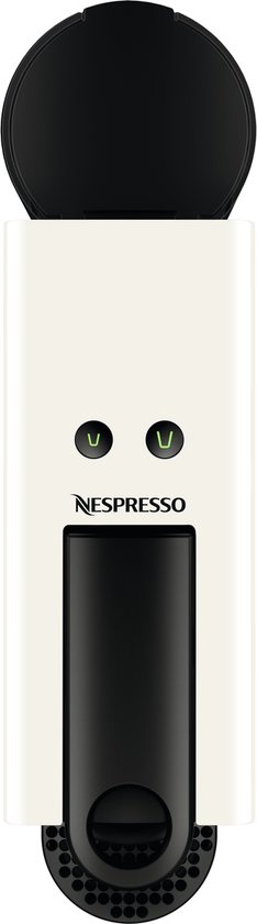 Vue de dessus de la machine à café Nespresso Essenza Mini blanche, avec deux boutons verts et le logo Nespresso.
