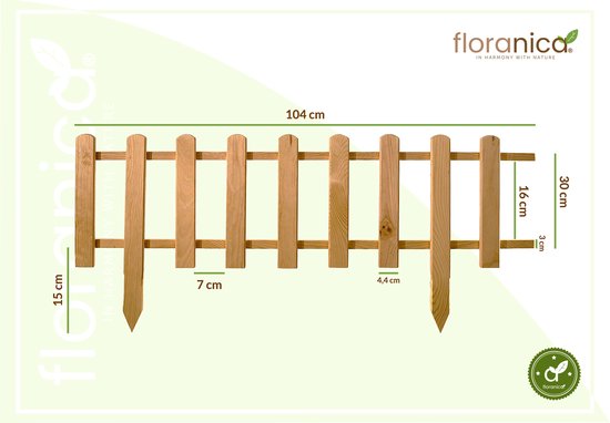Floranica Grenen tuinhek Vampier houten hek insteekhek houten omheining tuinhekpanelen hekwerk voor bloemperken groentegewassen pad 1 stuk 104cm 30cm hoog Natuurlijk - Floranica