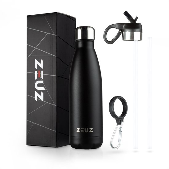 ZEUZ Premium RVS Thermosfles & Drinkfles - Isoleerfles – Waterfles met Rietje - BPA Vrij – 500 ml - Mat Zwart