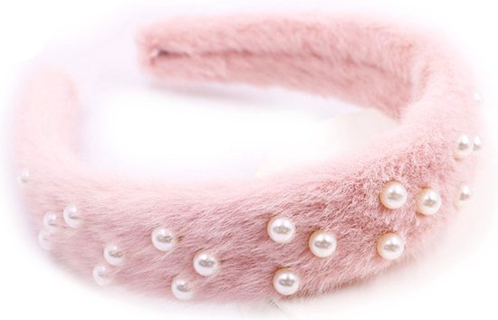 Fluffy Haarband met Parels - Diadeem - Breedte 3 cm - Roze