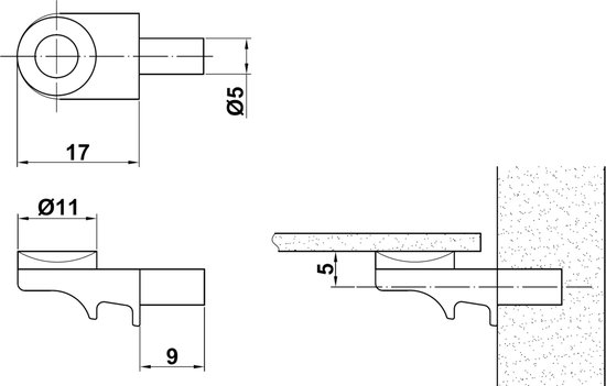 AMIG – Support d'étagère en verre Support d'étagère d'armoire Ø5 x 9mm | avec ventouse Ø11mm | Prise en charge 17mm | Zamak plaqué Messing | 100 pièces