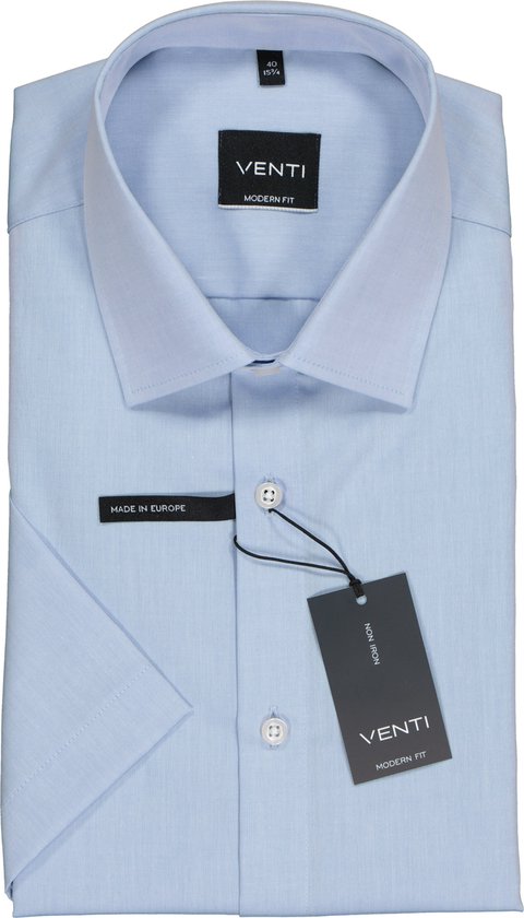 VENTI modern fit overhemd - korte mouw - lichtblauw - Strijkvrij - Boordmaat: 39