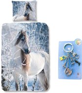 Dekbedovertrek Wit Paard- Flanel- 1 persoons- 140x200- incl. 5 delige metalen sleutelhanger paard