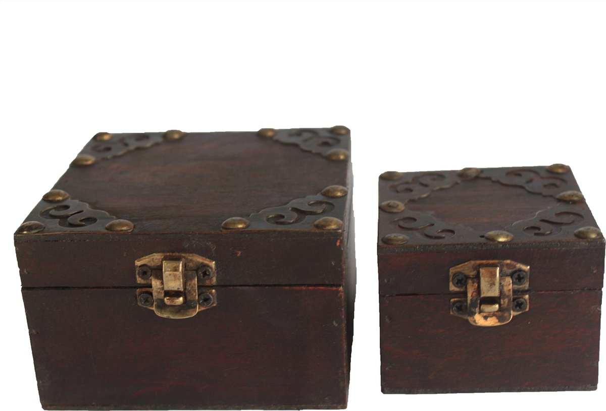 Set van 2 Vintage Kisten - Bruin - Opbergkist - Vierkant - 10x6x10cm
