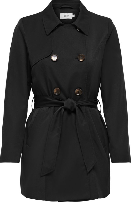 Zwarte trenchcoat met dubbele knopenrij, ceintuur in de taille en reverskraag.
