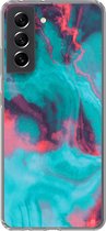 Geschikt voor Samsung Galaxy S21 FE hoesje - Abstract - Neon - Roze - Blauw - Siliconen Telefoonhoesje - Verjaardag cadeau tiener