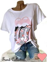 Trendy katoenen zomer t-shirt met print tong kleur wit maat L/XL 40 42 44