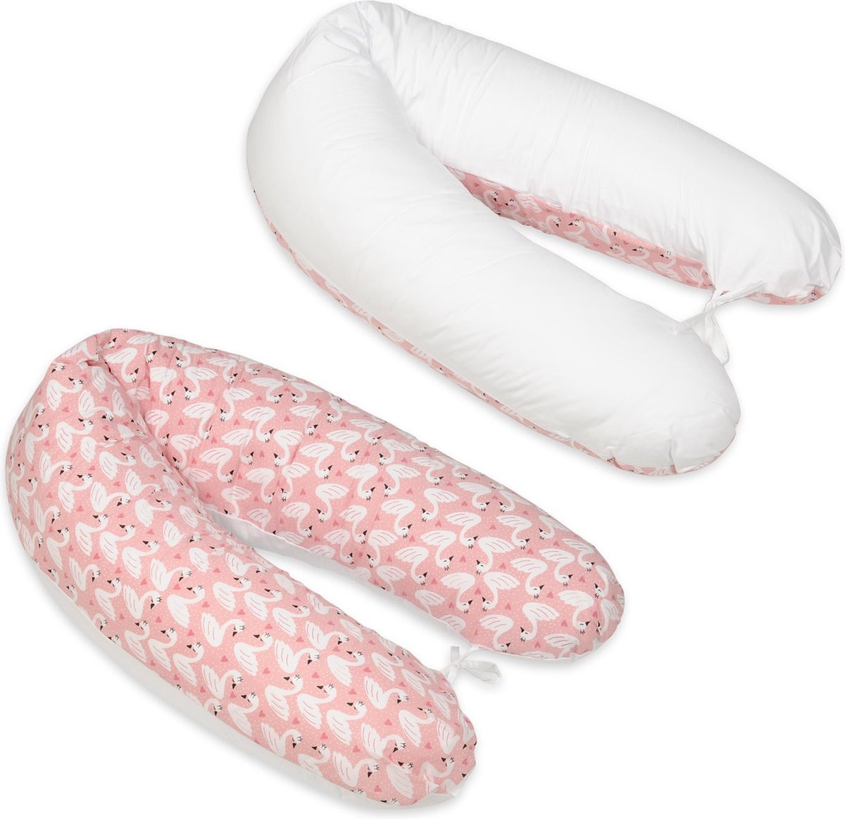 Goedkoopste Voedingskussen - met koordjes - 145 cm - roze met zwanen