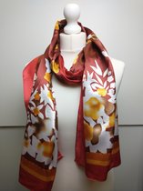 Lange dames sjaal Dewi gebloemd motief rood bruin wit geel oranje