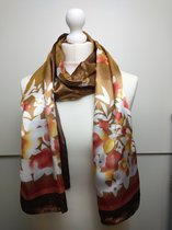 Lange dames sjaal Dewi gebloemd motief bruin wit rood oranje geel roze