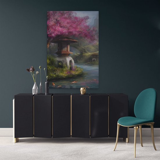 Artaza - Peinture sur Canevas - Rivière dessinée avec des fleurs en Chine - 80x120 - Petit - Photo sur Toile - Impression sur Toile