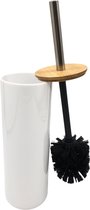 Sterk - Toiletborstel met Houder Rond 9x9x37cm - WC Borstel - Kunstof - Staand - Bamboe - Modern Wit