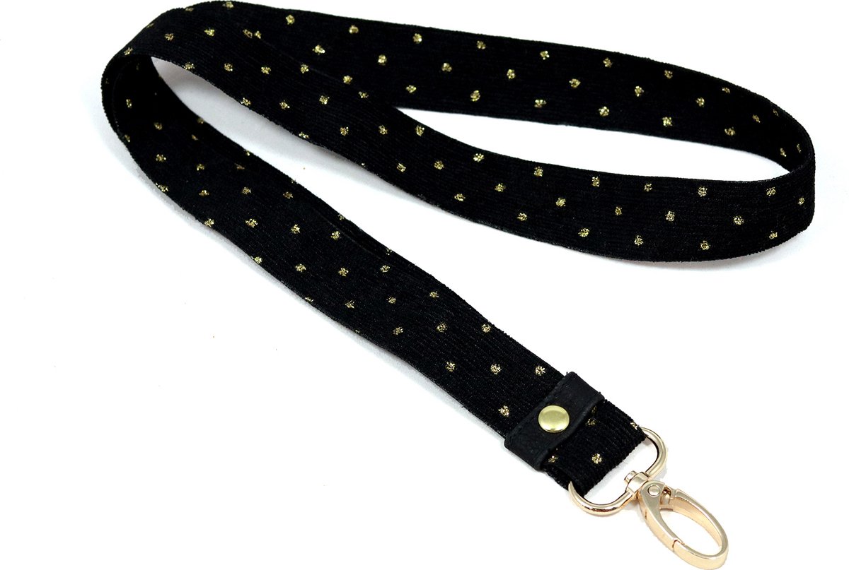 STUDIO Ivana - Zwart keycord gouden hardware - handgemaakt - keycord met gouden stippen - ribfluweel - zwarte sleutelhanger
