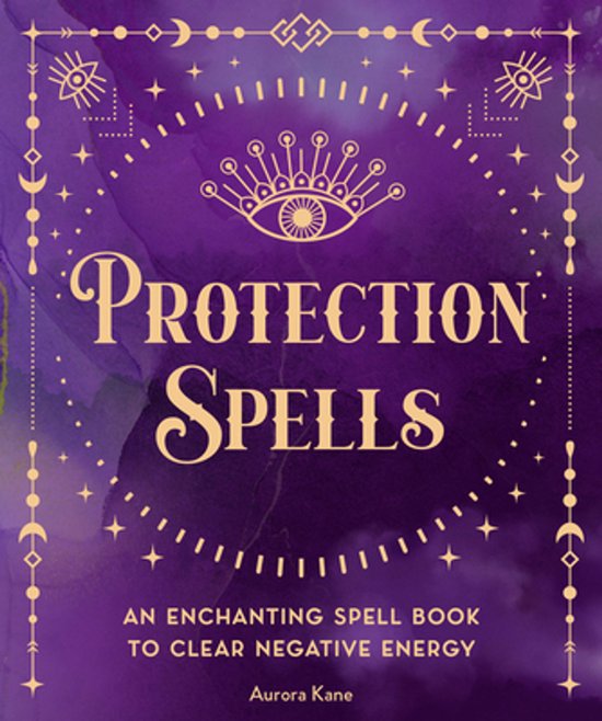 Boek 'Protection Spells' met een paarse, marmerachtige achtergrond en een gouden, sierlijke rand. Tekst 'Protection Spells'.