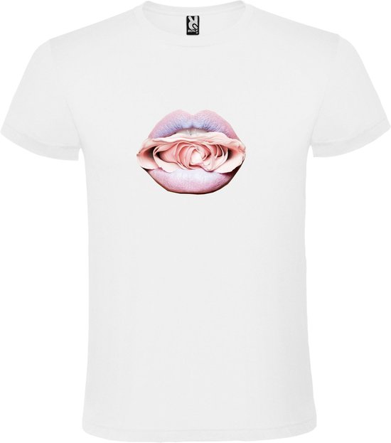 Wit t-shirt met Roze Mond met Roos groot size L