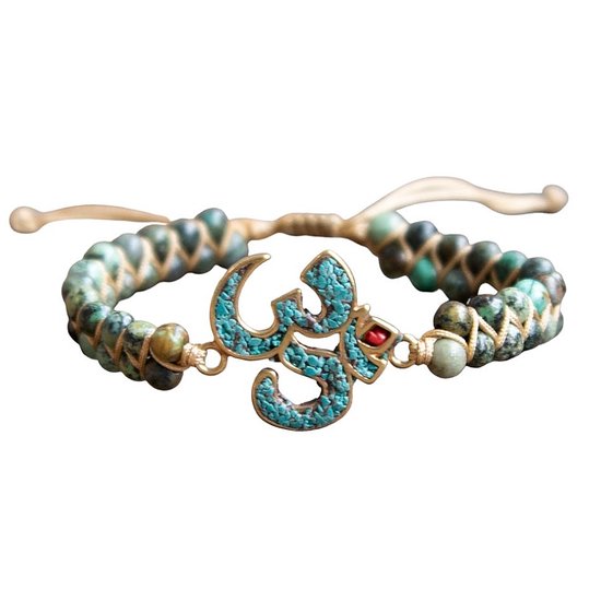 Marama - bracelet réglable Ohm vert-turquoise - pierre gemme Jaspe - signe Ohm - cadeau de la Saint-Valentin pour elle