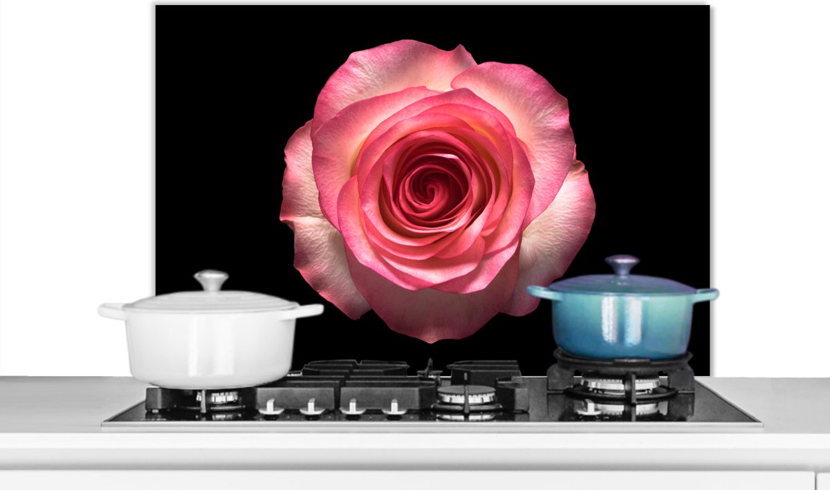 KitchenYeah Spatscherm keuken 80x55 cm Kookplaat achterwand Rozen Roze Zwart Muurbeschermer Spatwand fornuis Hoogwaardig aluminium