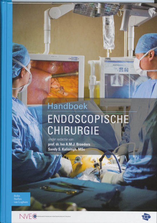 Boek "Handboek Endoscopische Chirurgie" met afbeeldingen van een chirurgische ingreep.
