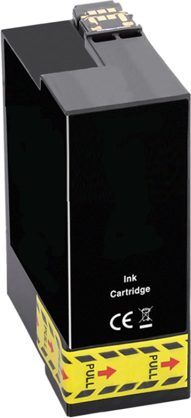 Zwarte inktcartridge met CE-keurmerk en "PULL"-labels.