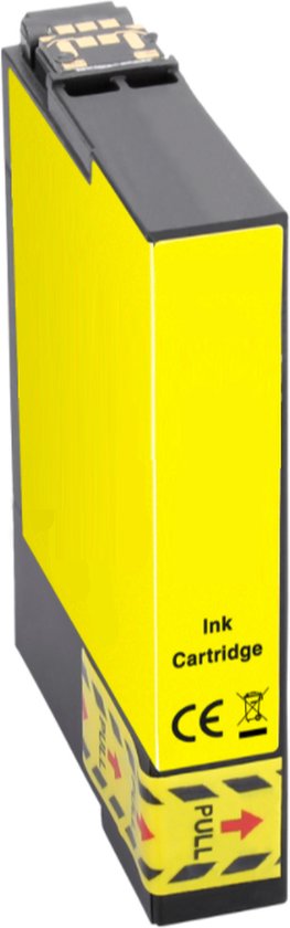 Geel inktpatroon met zwarte bovenkant en gele/zwarte 'PULL'-label.