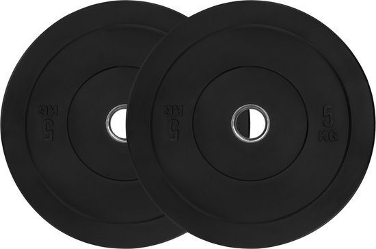 RYZOR Halterschijven set van 2 x 5 kg - Gewichtschijven - Bumper plates - Bankdrukken - Halterset – Halterschijf 5 kg - Gewichten set voor halterstangen - Geschikt voor Olympische halterstang met diameter 50 mm - Rubber - Zwart