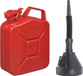 Metalen grote Jerrycan rood voor olie en brandstof van 5 liter met een handige grote trechter van 39 cm