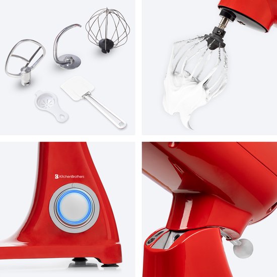 KitchenBrothers Keukenmachine - Keukenrobot - 6,2L Mengkom - 1800W - Keukenmixer - Aluminium - Rood van KitchenBrothers — afbeelding 4