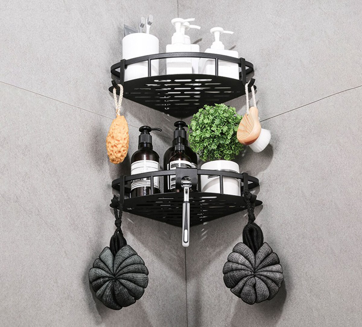 Doucherek zonder boren – Badkamer accessoires – Doucherekje – Douchemand – RVS – Hoekrek – Hangend – Zwart – 2 stuks