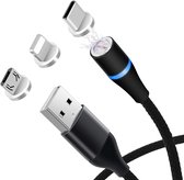 NÖRDIC USB2-113 Magnetische 3-in-1 USB oplaadkabel - USB-C, Micro USB, Lightning - 1m - Zwart