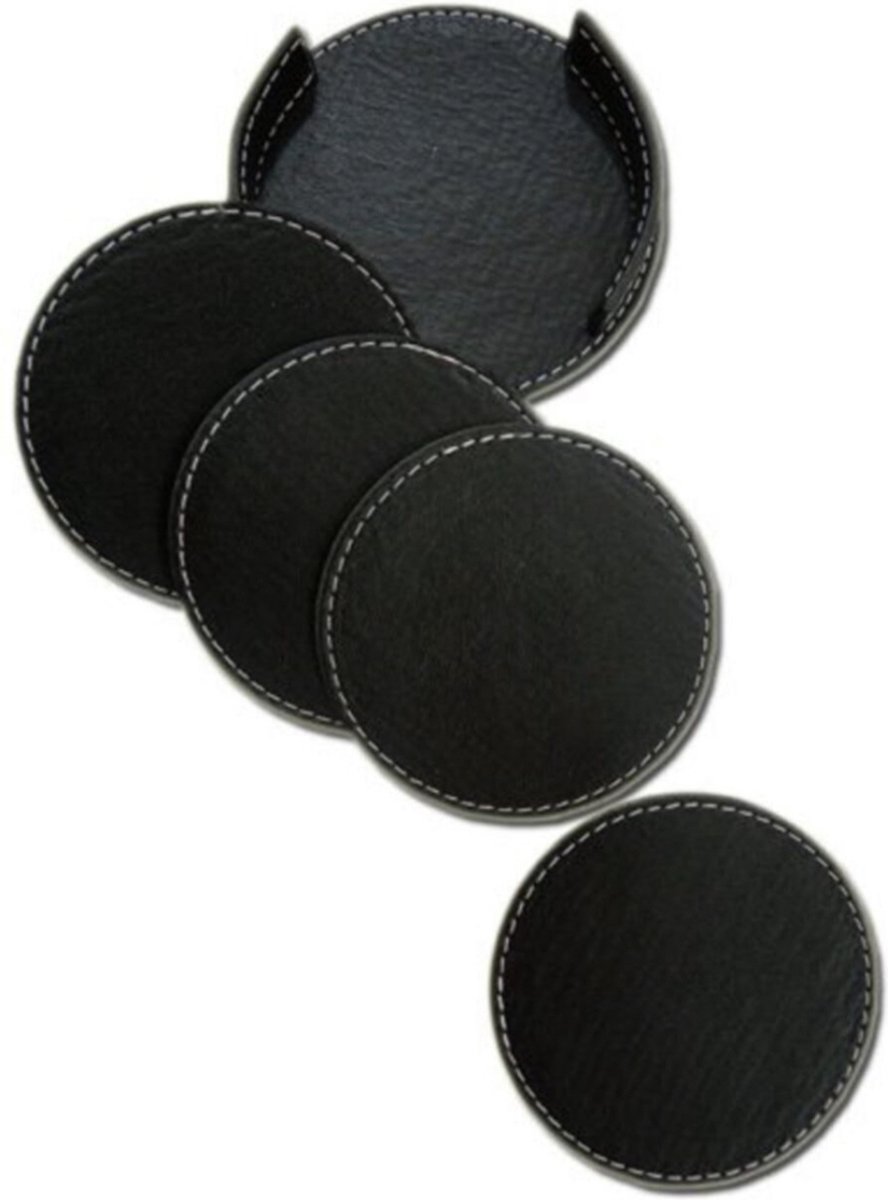 3 set - Leren Onderzetters - Onderzetters voor glazen - Tafelaccessoires - Onderzetters met houder - 4 stuks - Zwart - Rond - Cadeau