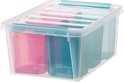 Transparante opbergbox met roze en blauwe vakverdelers en een transparant deksel.