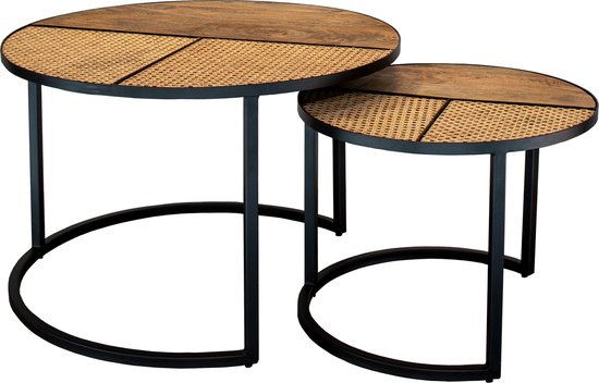 Zita Home - Salontafel set van 2 mango - 70cm dia - 2cm dik blad - Rotan