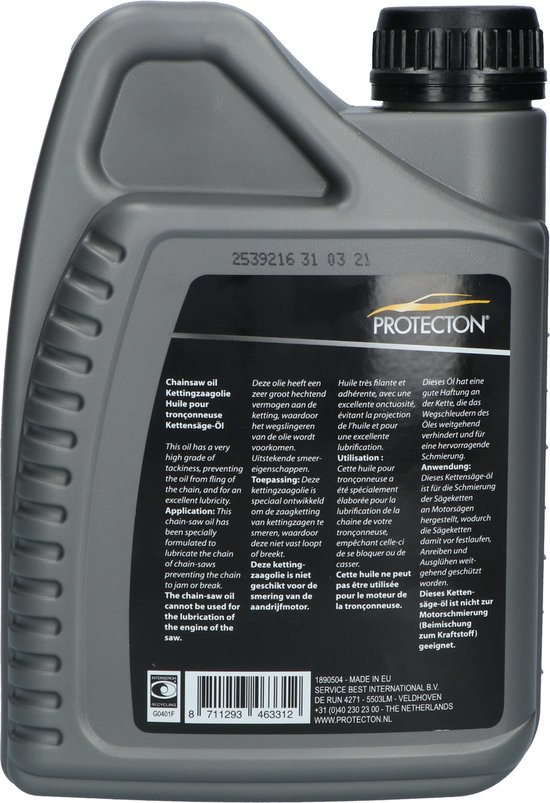 Grijze fles 1L Protecton kettingzaagolie, achterkant met gebruiksinstructies en barcode.