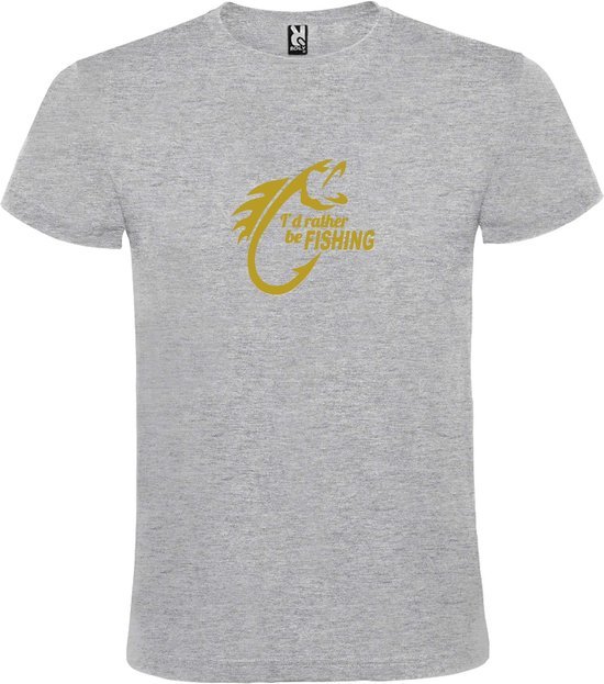 Grijs  T shirt met  " I'd rather be Fishing / ik ga liever vissen " print Goud size XL