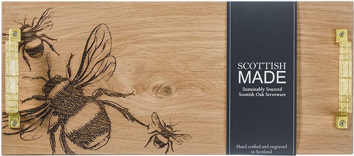 Serveerplank Bijen met Goudkleurige Handvatten - 45x20 - Schots Eikenhout - Scottish Made